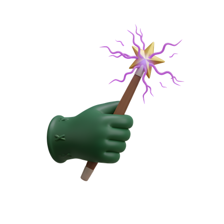 AI Luva de bruxa segurando varinha com ponta de estrela e faíscas violetas crepitantes Imagem