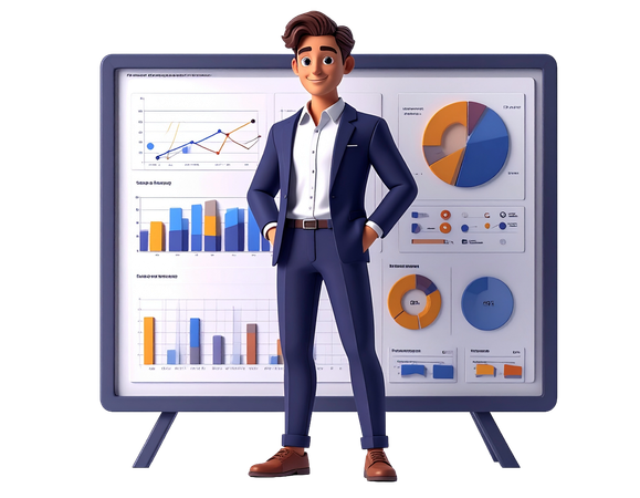 AI Male Pointing at Holographic Pie Chart  3D Illustration