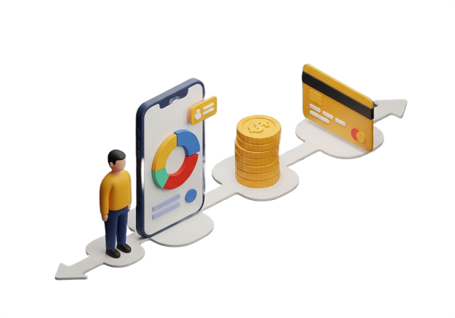 AI Man analyzing vibrant financial charts on phone leading to credit card wealth  3D Illustration