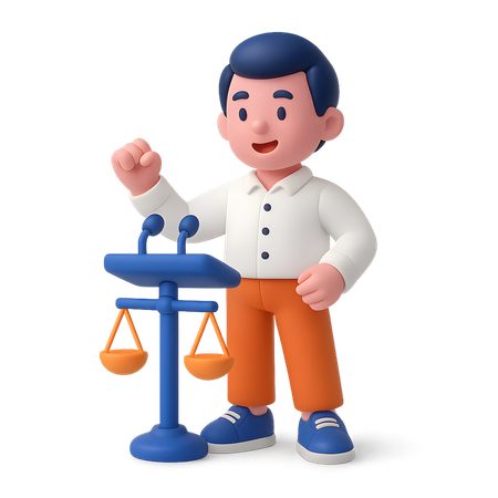 AI Man at Podium with Scales Justice and Compliance Speech  3D Illustration