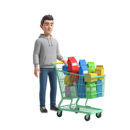 AI Man Beside Cart Full of Packages  3D Illustration