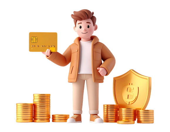 AI Man holding credit card with cryptocurrency shield and gold coins for finance concept  3D Illustration