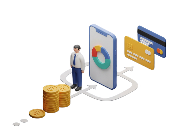 AI Man Navigates Financial Growth with Data-Driven Insights and Secure Credit Card Transactions  3D Illustration