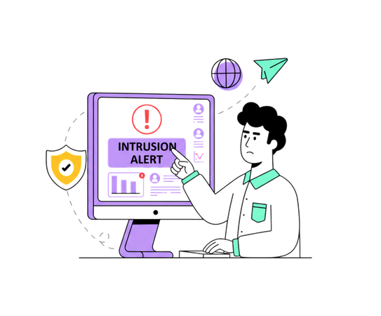 AI Man pointing at computer screen while showing instruction alert  Illustration