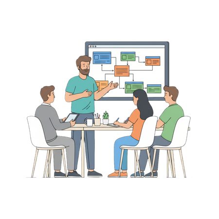 AI Man presenting a business strategy flowchart to a team during a corporate meeting in a modern office  Illustration