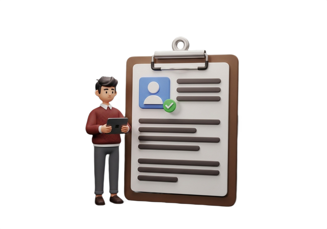 AI Man reviews a profile on his tablet next to an application checklist  3D Illustration