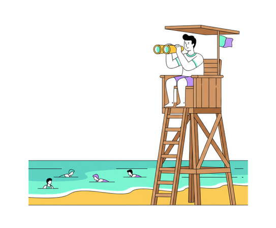 AI Man sitting at Lifeguard tower while watching flying bird using telescope  Illustration