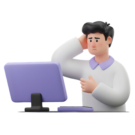 AI Man thinking with hand on head while working on computer  3D Illustration