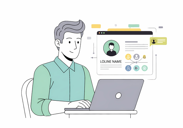 AI Man Typing on Laptop with Online Profile Interface  Illustration