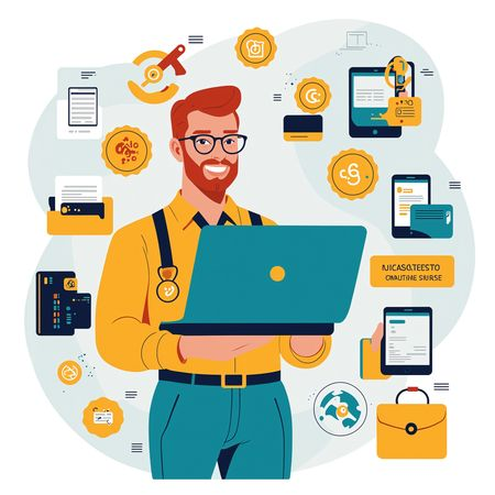 AI Man Using A Laptop Amidst Tech Devices  Image