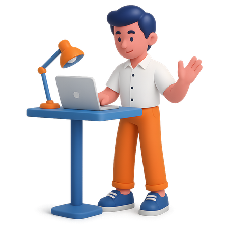 AI Man Waving at Laptop while handing virtual standup  3D Illustration