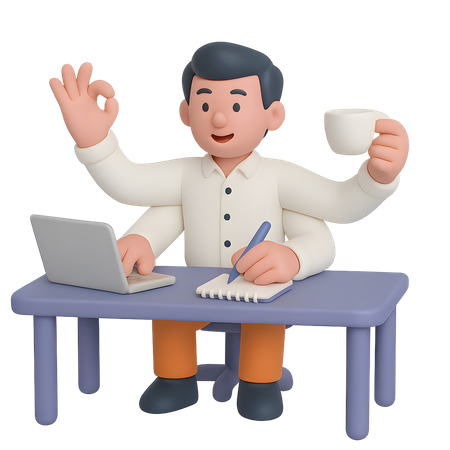 AI Man with Extra Arms at Desk  3D Illustration