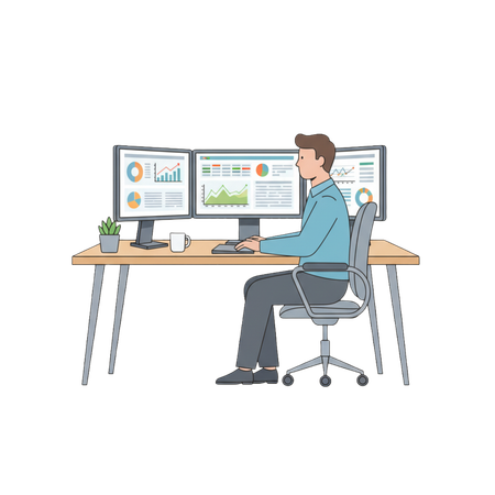 AI Man working at desk with multiple monitors analyzing business data charts and graphs  Illustration