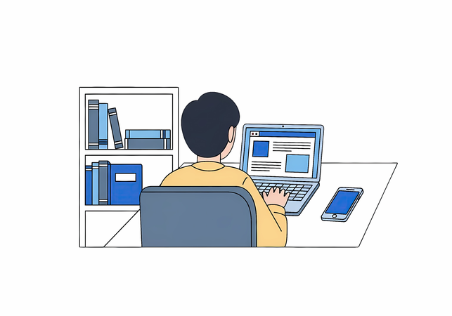 AI Man Working on Laptop with Bookshelf and Smartphone – Vector  Illustration