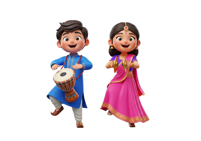 AI Menina e menino comemorando com música tradicional indiana  3D Illustration