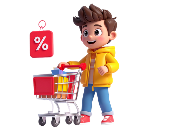 AI Menino empurrando um carrinho de compras com uma etiqueta de desconto percentual para promoção no varejo  Imagem