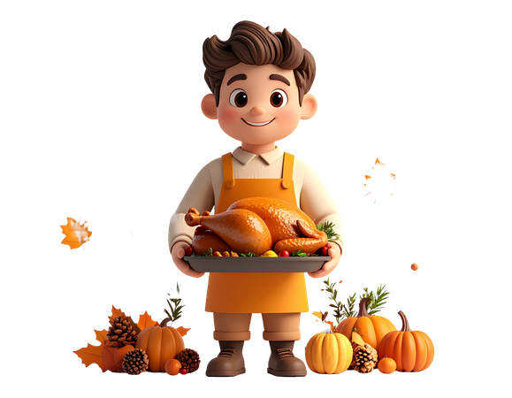 AI Personagem de Ação de Graças segurando um prato de peru assado cercado por abóboras e folhas de outono para uma refeição festiva  Imagem