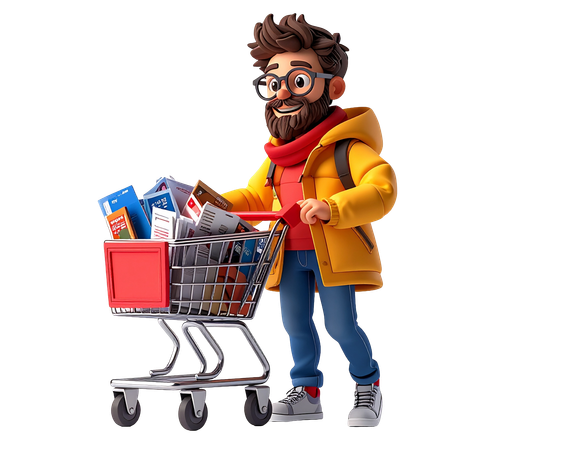 AI Personagem homem com barba e óculos empurrando um carrinho de compras cheio  Imagem