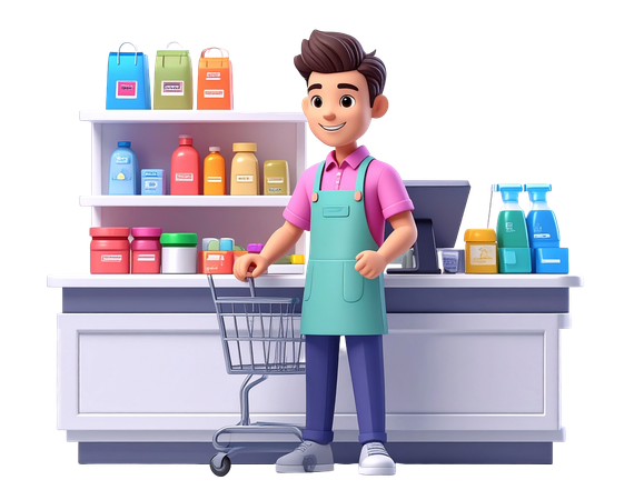 AI Personagem lojista com carrinho de compras no corredor do supermercado  Imagem