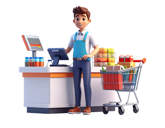 AI Personaje de cajero en la caja del supermercado con un carrito de compras lleno de comestibles  Imagen