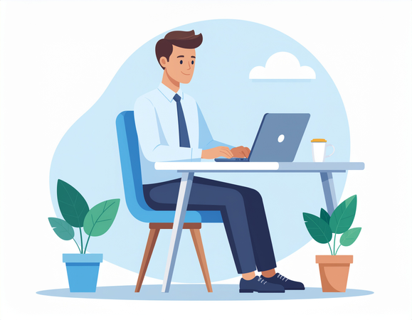 AI Personaje de empleado de oficina escribiendo en una computadora portátil con una taza de café  Imagen