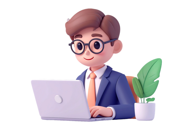 AI Personnage d'homme d'affaires souriant travaillant sur un ordinateur portable  Image IA