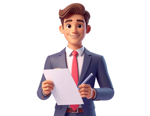 AI Personnage d'homme d'affaires sympathique en costume tenant un presse-papiers et un stylo  Image IA