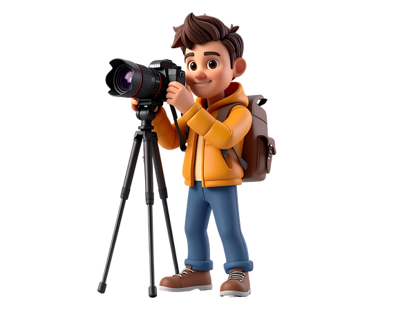 AI Photographer character with camera on tripod  3D Illustration