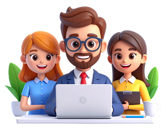 AI Professional colleagues collaborating on laptop during meeting  3D Illustration