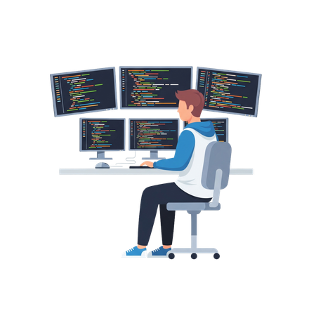 AI Programmer Sitting with Multiple Coding Monitors Illustration