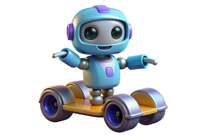 AI Robô azul fofo pilotando um hoverboard futurista  Imagem