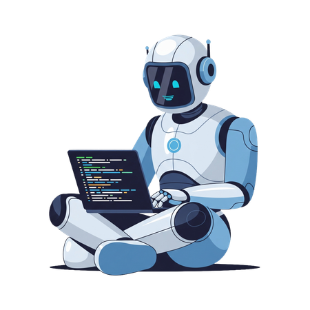 AI Robot de IA sentado y codificando en una computadora portátil  Imagen