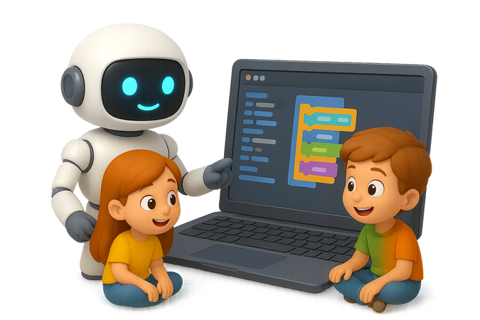 AI Robots y niños aprendiendo a codificar  Imagen