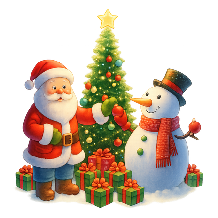 AI Santa Claus and a snowman stand beside a decorated Christmas tree creating a festive winter scene  3D Illustration