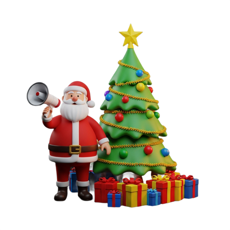AI Santa Claus announces holiday with megaphone beside festive decorated Christmas tree and gift boxes  3D Illustration