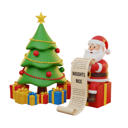 AI Santa Claus meticulously checks his naughty beside Christmas tree  3D Illustration