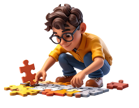 AI Smart  character boy with glasses solving jigsaw puzzle  Illustration