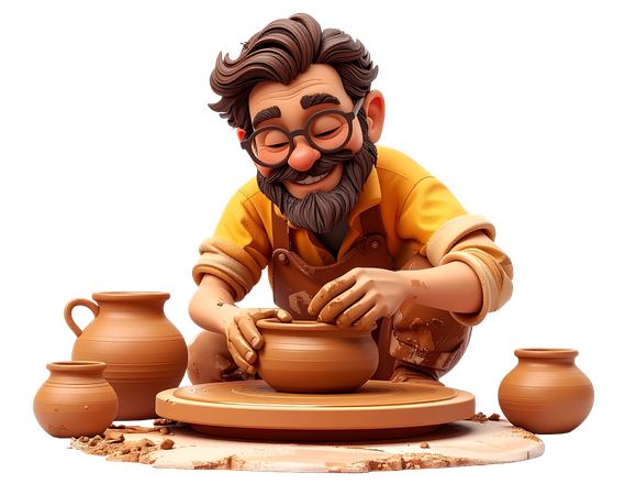 AI Smiling artisan potter character making a clay pot on a pottery wheel with handmade ceramics  3D Illustration