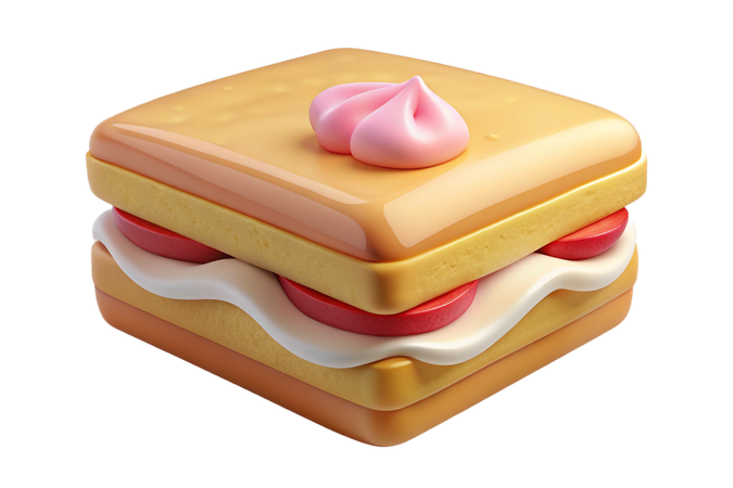 AI Square shaped dessert resembling a sandwich with pink frosting and red fruit  3D Icon