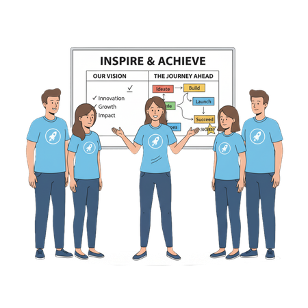 AI Startup team presenting business strategy roadmap on whiteboard with flowchart for innovation and growth  Illustration
