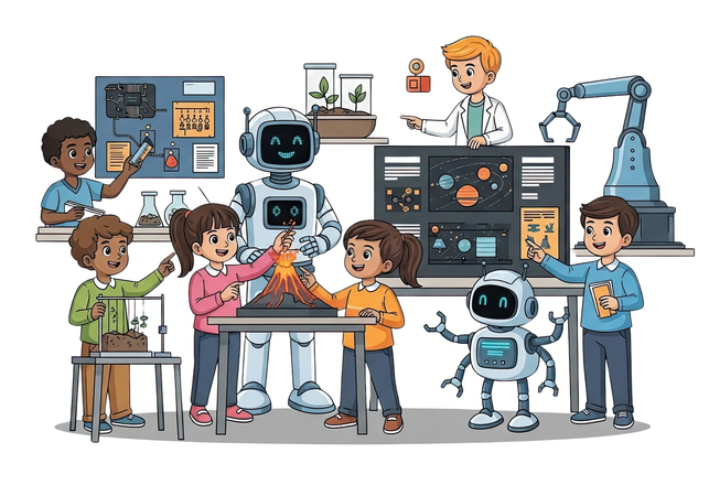 AI Students presenting their inventions and experiments with robot assistants cheering them Illustration