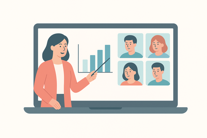 AI Teacher explaining a chart to students in online classroom Illustration