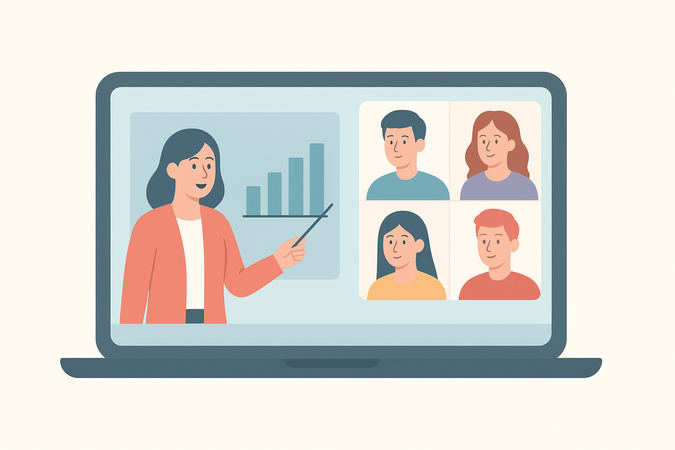 AI Teacher on group video call with students  Illustration