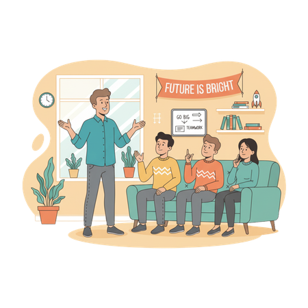 AI Team leader giving a motivational presentation to colleagues in a creative office with a future is bright banner  Illustration