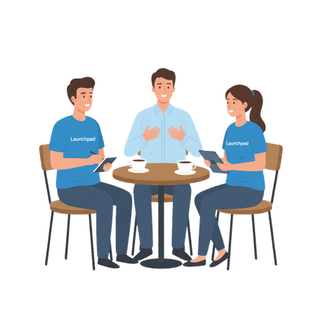 AI Three young professionals in casual business meeting at coffee shop table discussing project  Illustration