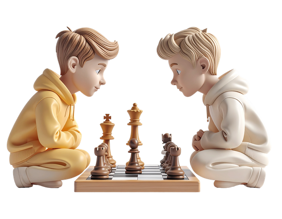 AI Two Boys Playing Chess Concentrating on a Strategy Game  3D Illustration