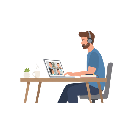 AI Un homme avec un casque lors d'une visioconférence travaillant à domicile sur un ordinateur portable à son bureau  Image IA