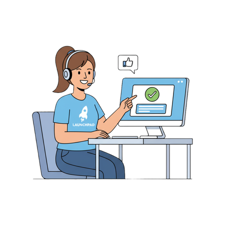 AI Une représentante du service clientèle avec un casque pointant vers l'écran de l'ordinateur avec une coche de réussite  Image IA