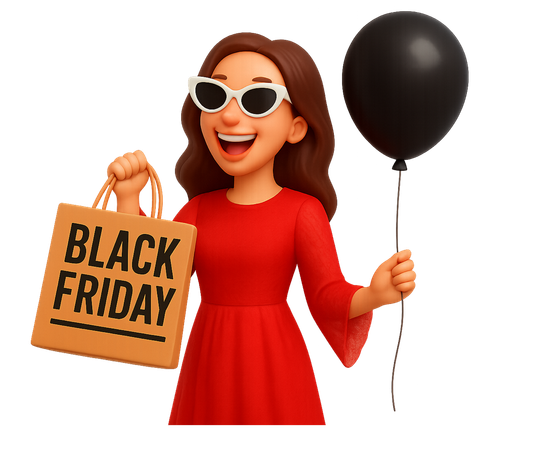 AI Woman Holding black friday Shopping Bag and Balloon  3D Icon