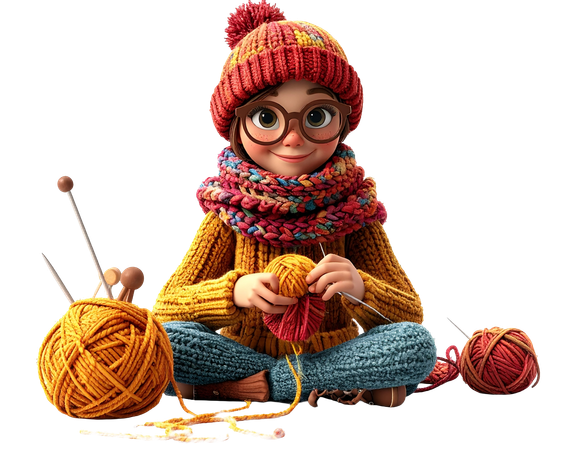 AI Woman knitting with colorful yarn wearing cozy winter clothes  3D Illustration